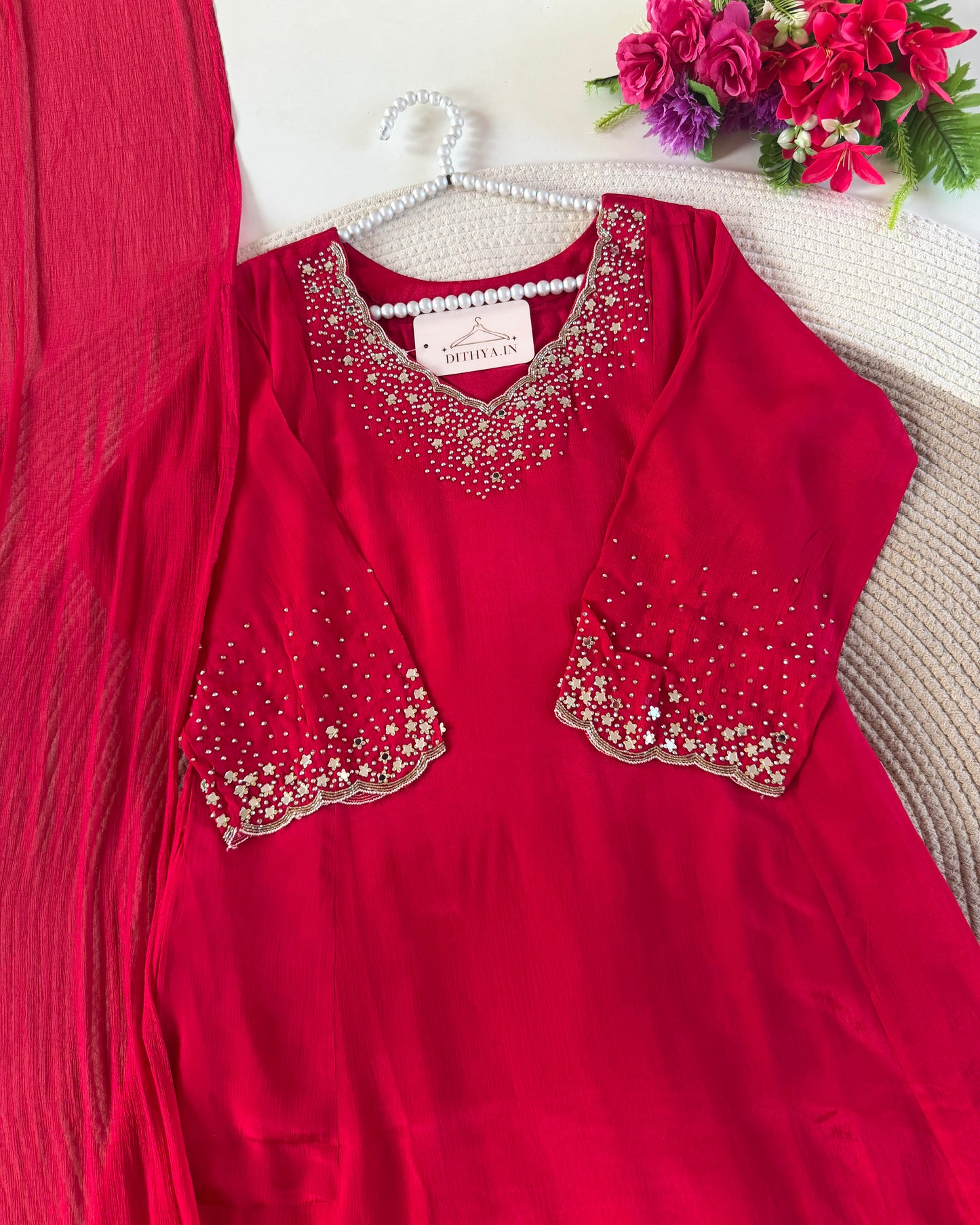 K491 - Pure Chinnon handwork aline Kurti with pants and dupatta