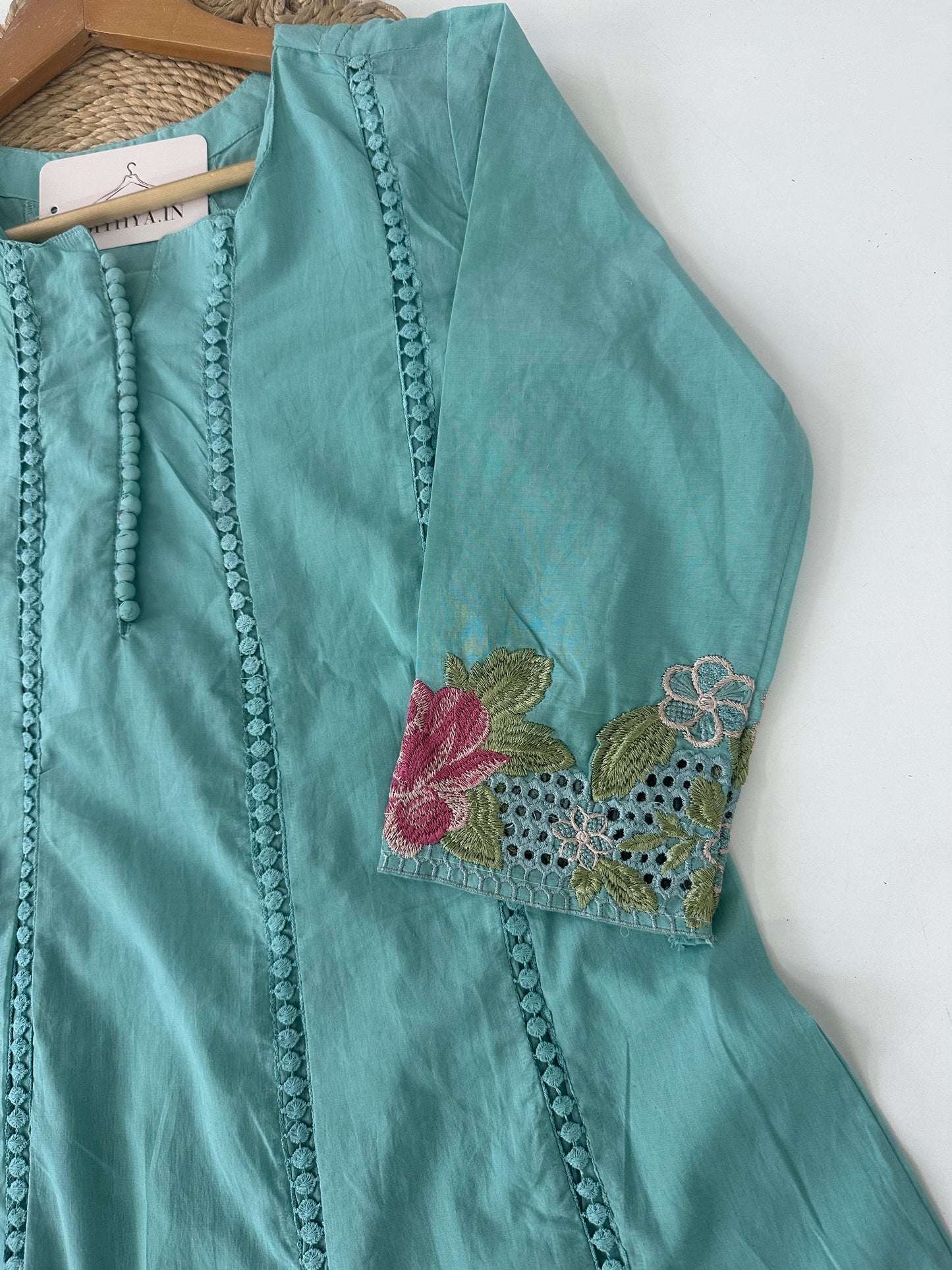 K223 - Mul cotton embroidered Aline Kurti with pants and dupatta