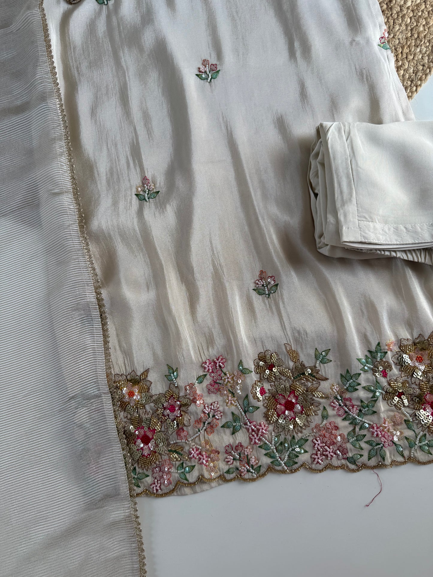 K681 - Tissue silk handwork straight Kurti with pants and dupatta