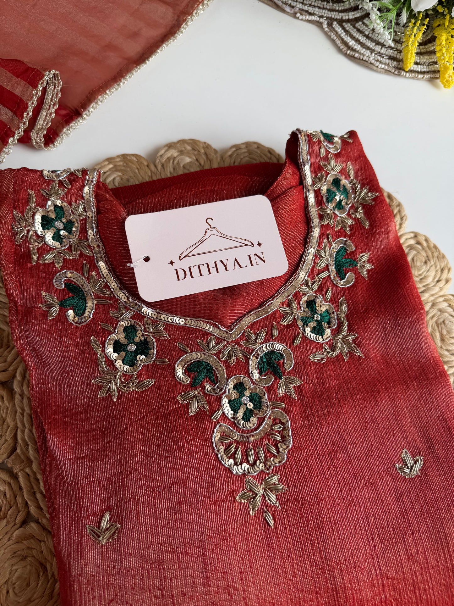 K491 - Tissue silk handwork aline Kurti with pants and dupatta