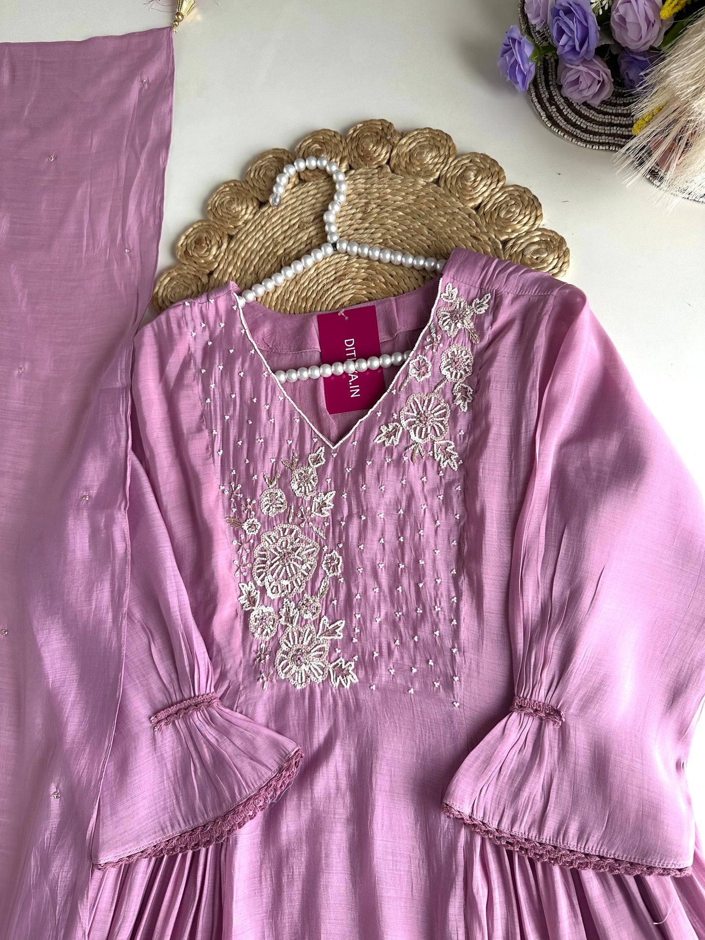 K178 - Mul Chanderi handwork Anarkali with pants and dupatta in 2 colours