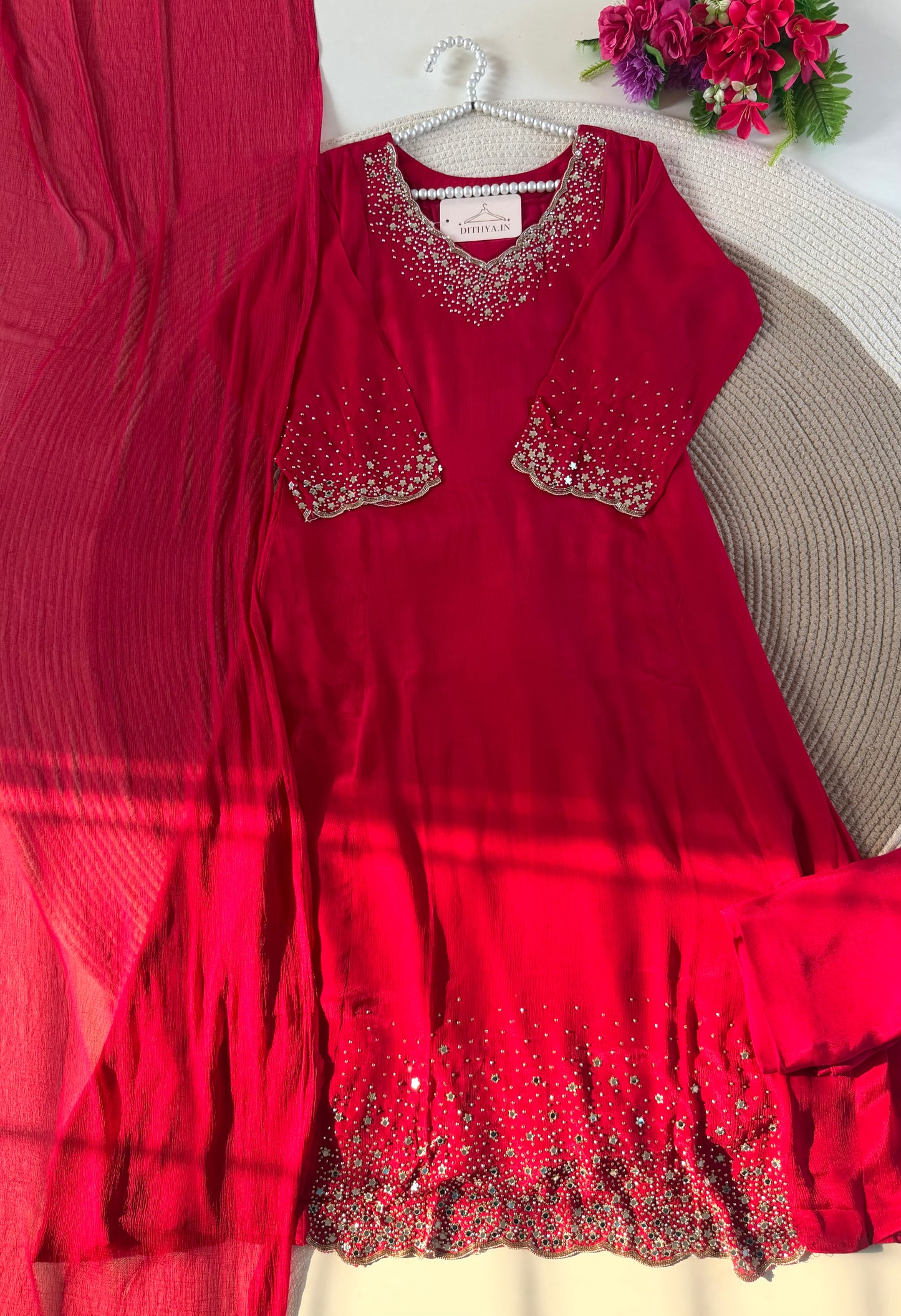 K491 - Pure Chinnon handwork aline Kurti with pants and dupatta