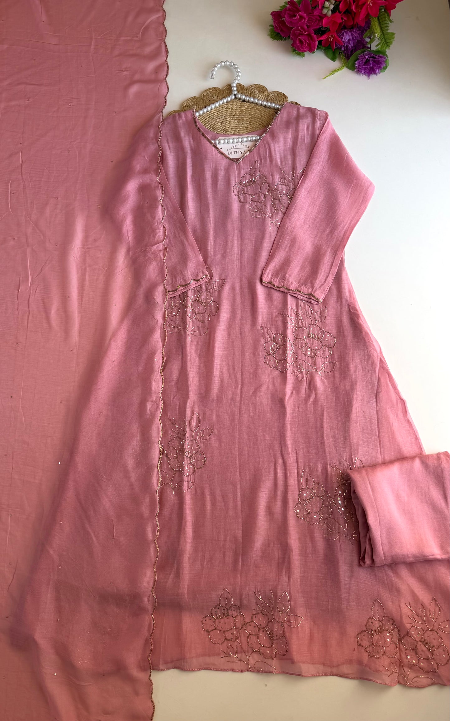 K103 - Mul chanderi handwork aline Kurti with pants and dupatta