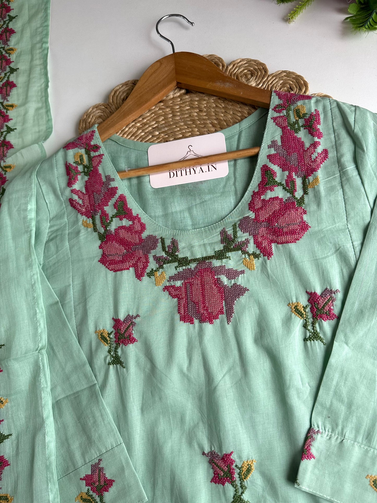 K145 - Mul cotton cross stitch Aline Kurti  with pants and dupatta