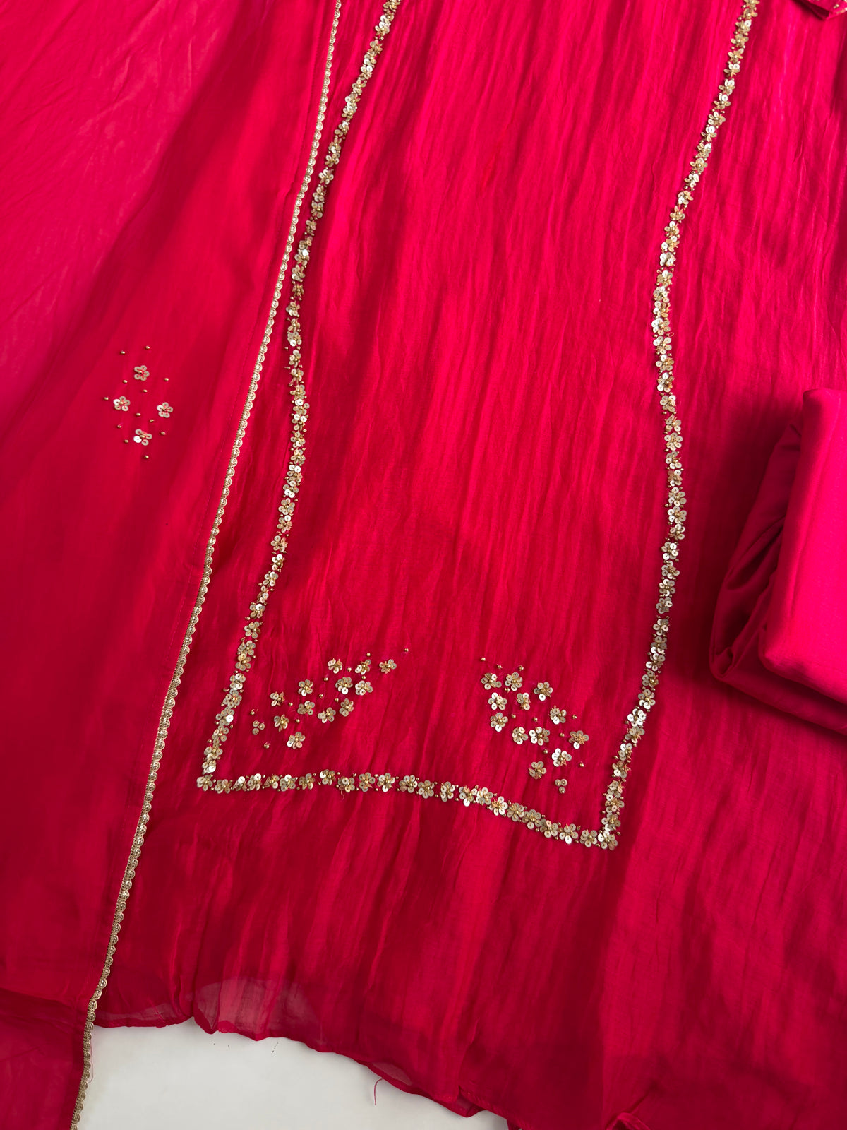K406 - Banarasi Mul chanderi handwork aline Kurti with pants and dupatta
