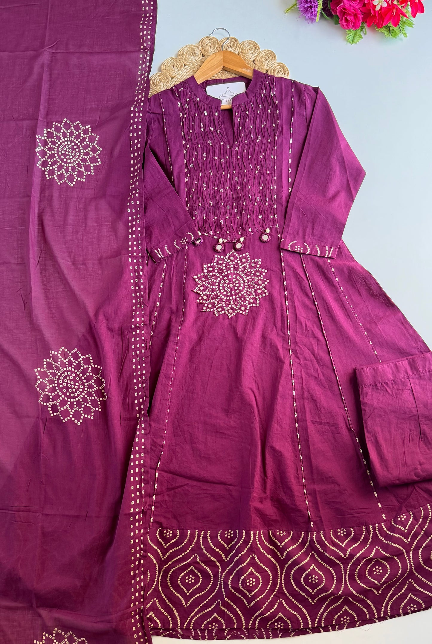 K273 - Mul cotton mirror work Anarkali with pants and dupatta in 4 colours