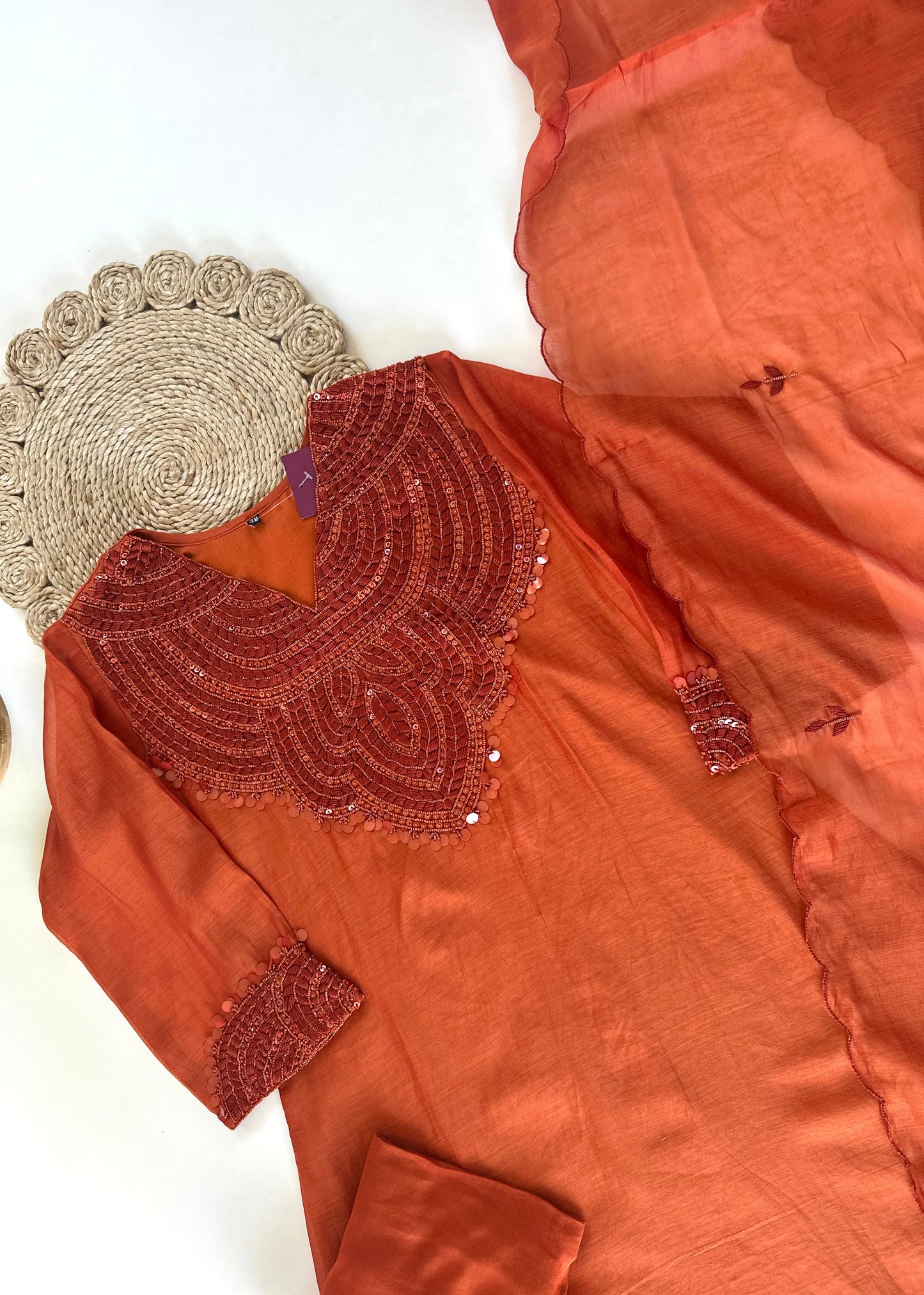 K199 - Pure Mul Chanderi Handwork Aline Kurti with pants and dupatta in 2 colours.