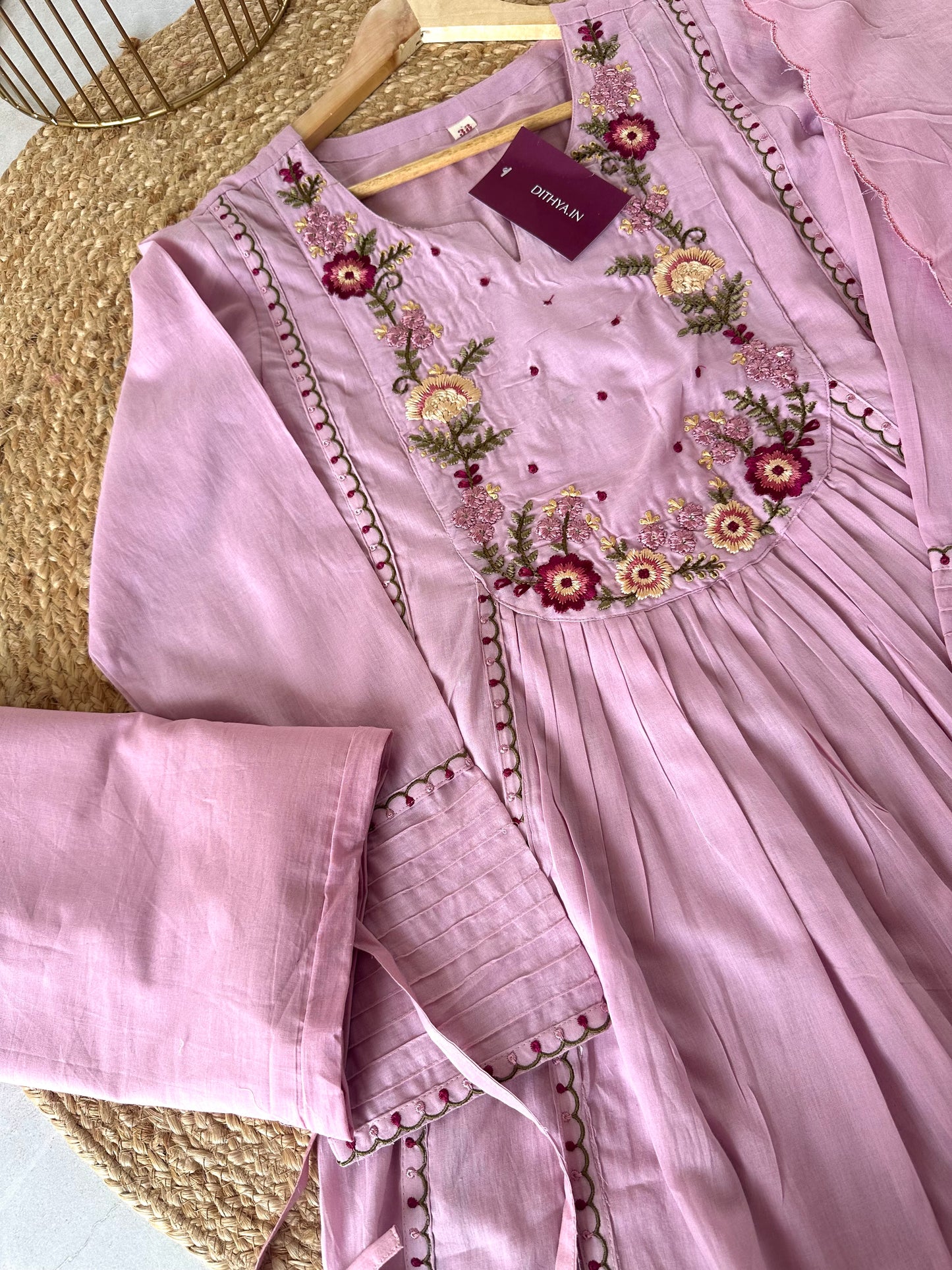 K229 - Mulmul cotton Embroidered Anarkali with pants and dupatta in 2 colours