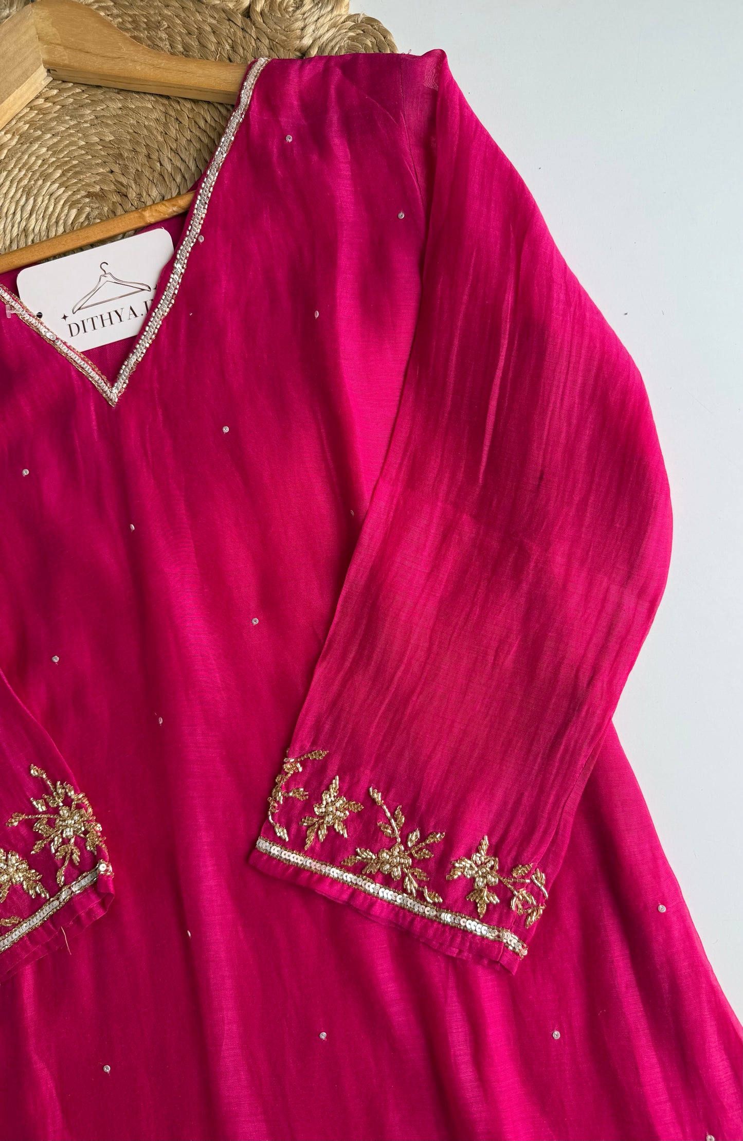 K302 - Mul chanderi handwork aline Kurti with pants and dupatta