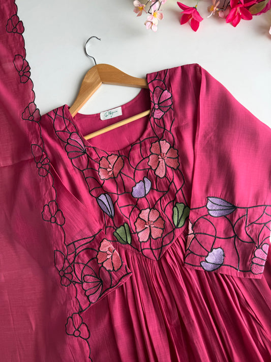 K156 - Surat Mul chanderi embroidered Anarkali with pants and dupatta