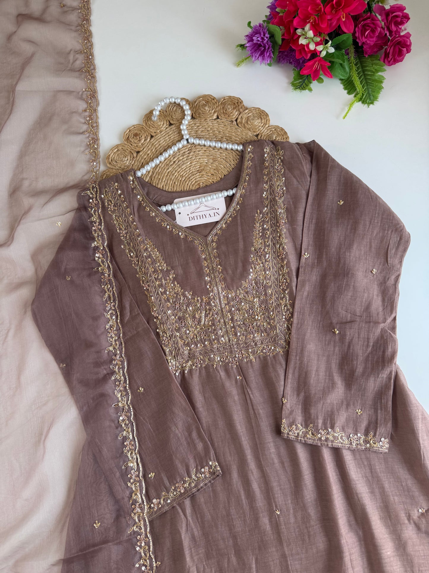 K120 - Mul chanderi handwork Aline Kurti with pants and dupatta