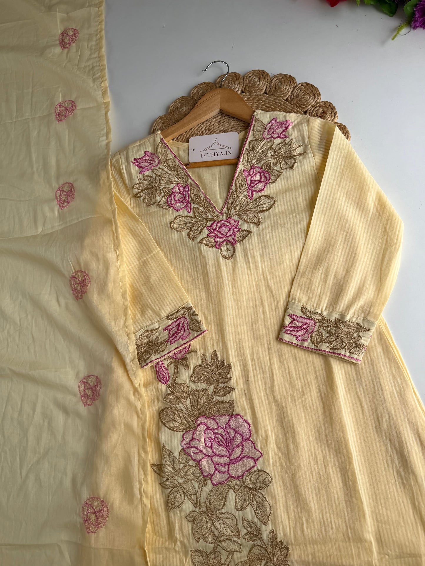 K109 - Self Mul cotton embroidered Aline Kurti with pants and dupatta
