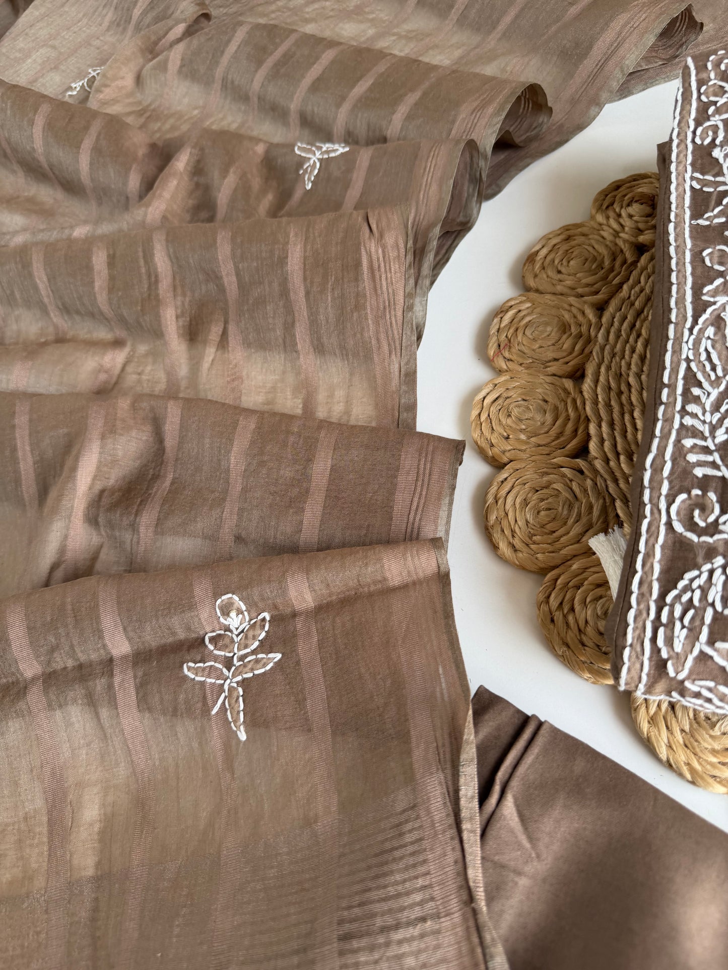 K729 - Mul chanderi embroidered Aline Kurti with pants and dupatta