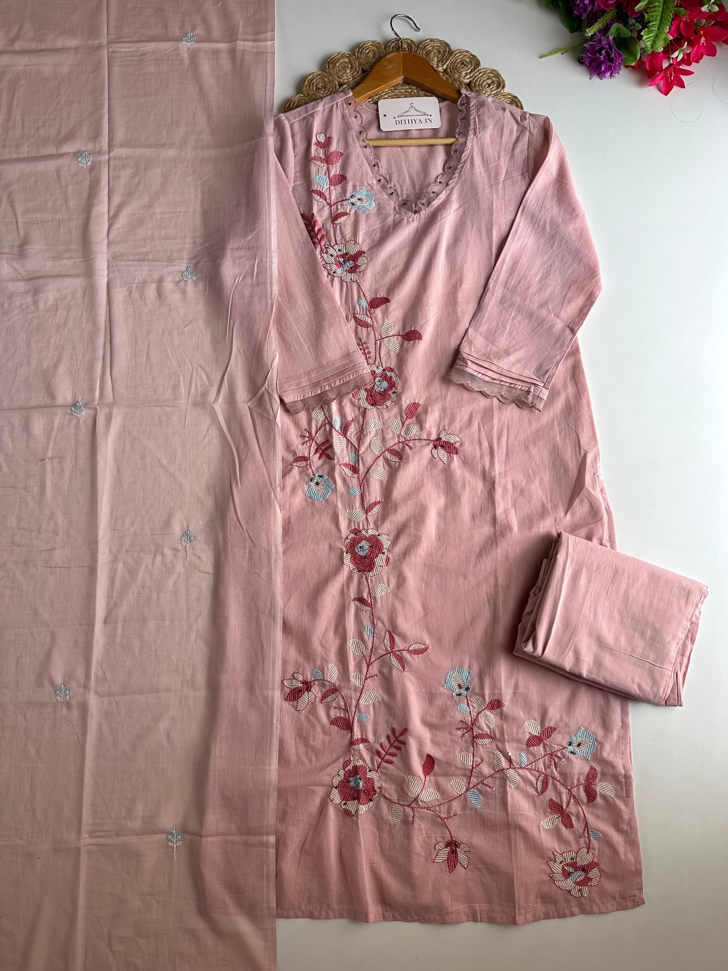 K674 - Mul cotton embroidered straight Kurti with pants and dupatta