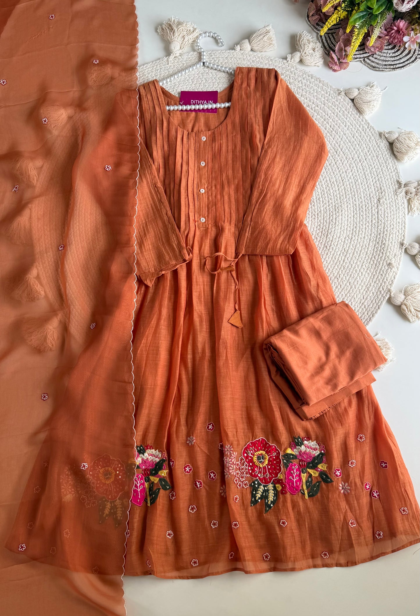 K154 - Mul chanderi handwork Anarkali with pants and dupatta