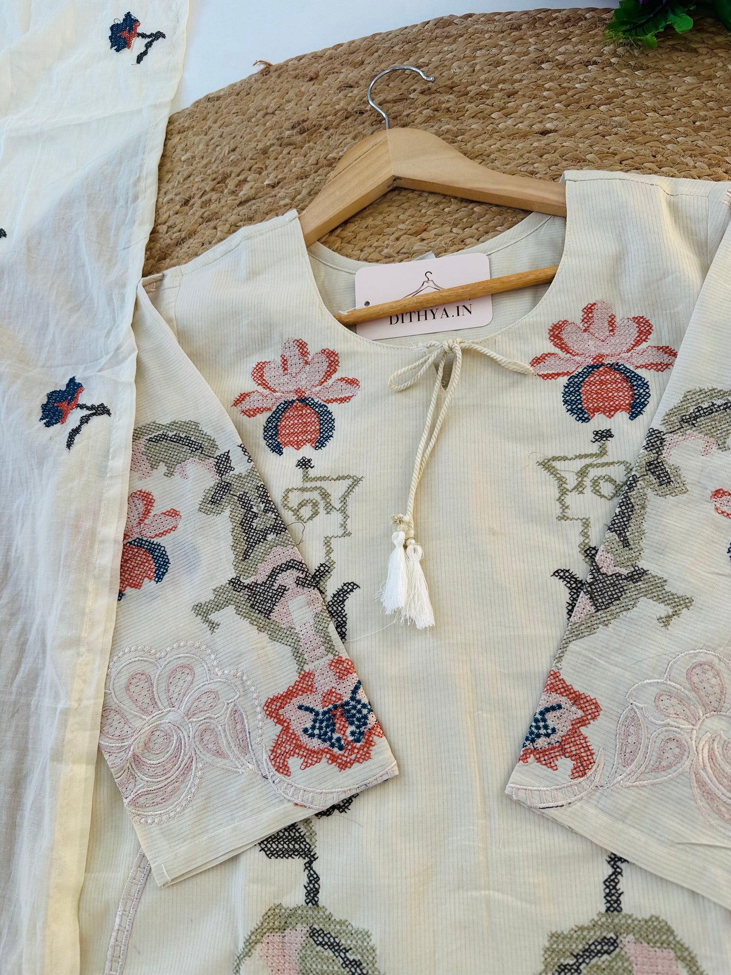 K658 - Mul cotton cross stitch straight Kurti with pants and dupatta