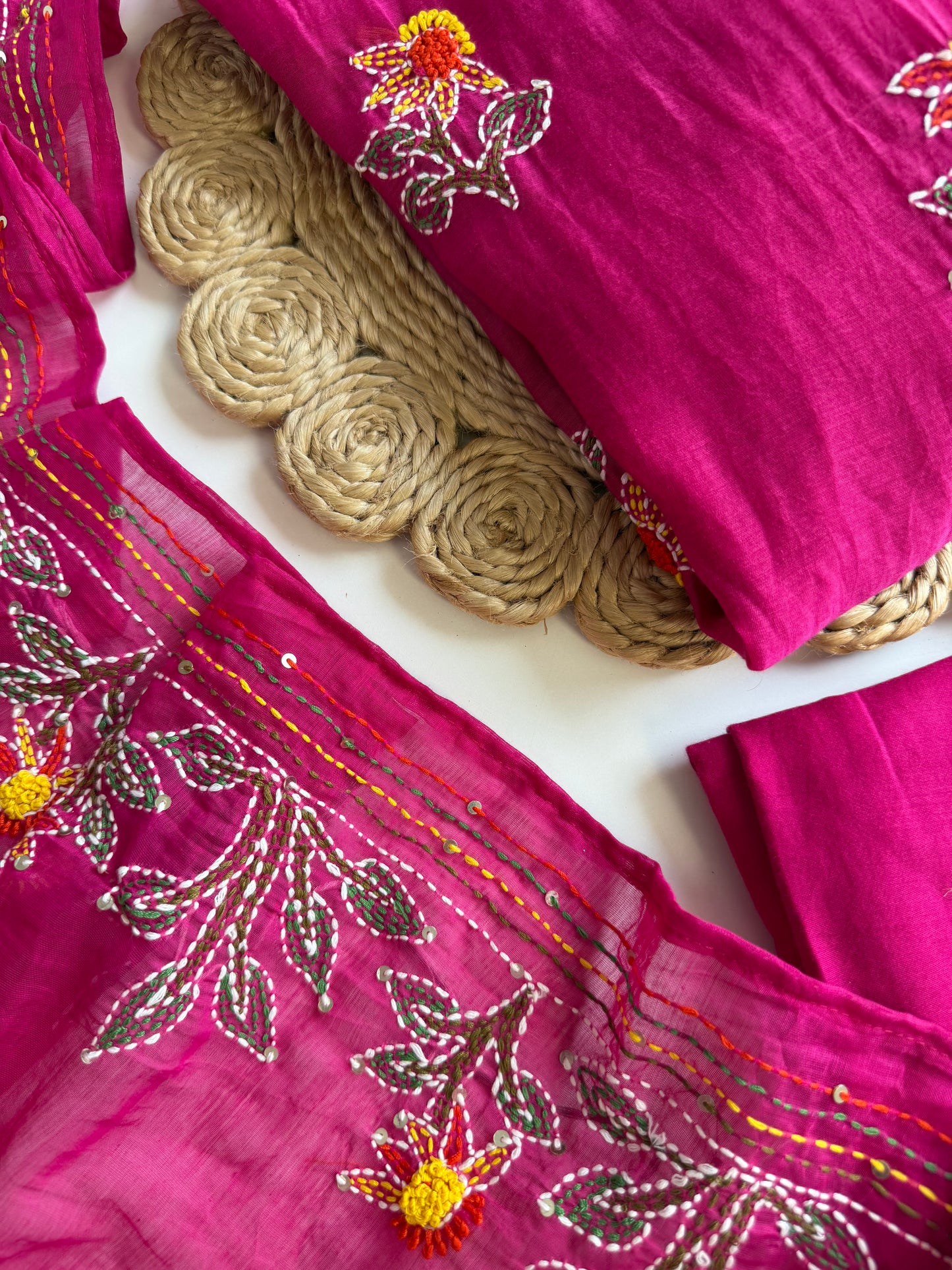 K437 - Mul chanderi Embroidered Aline Kurti with pants and dupatta