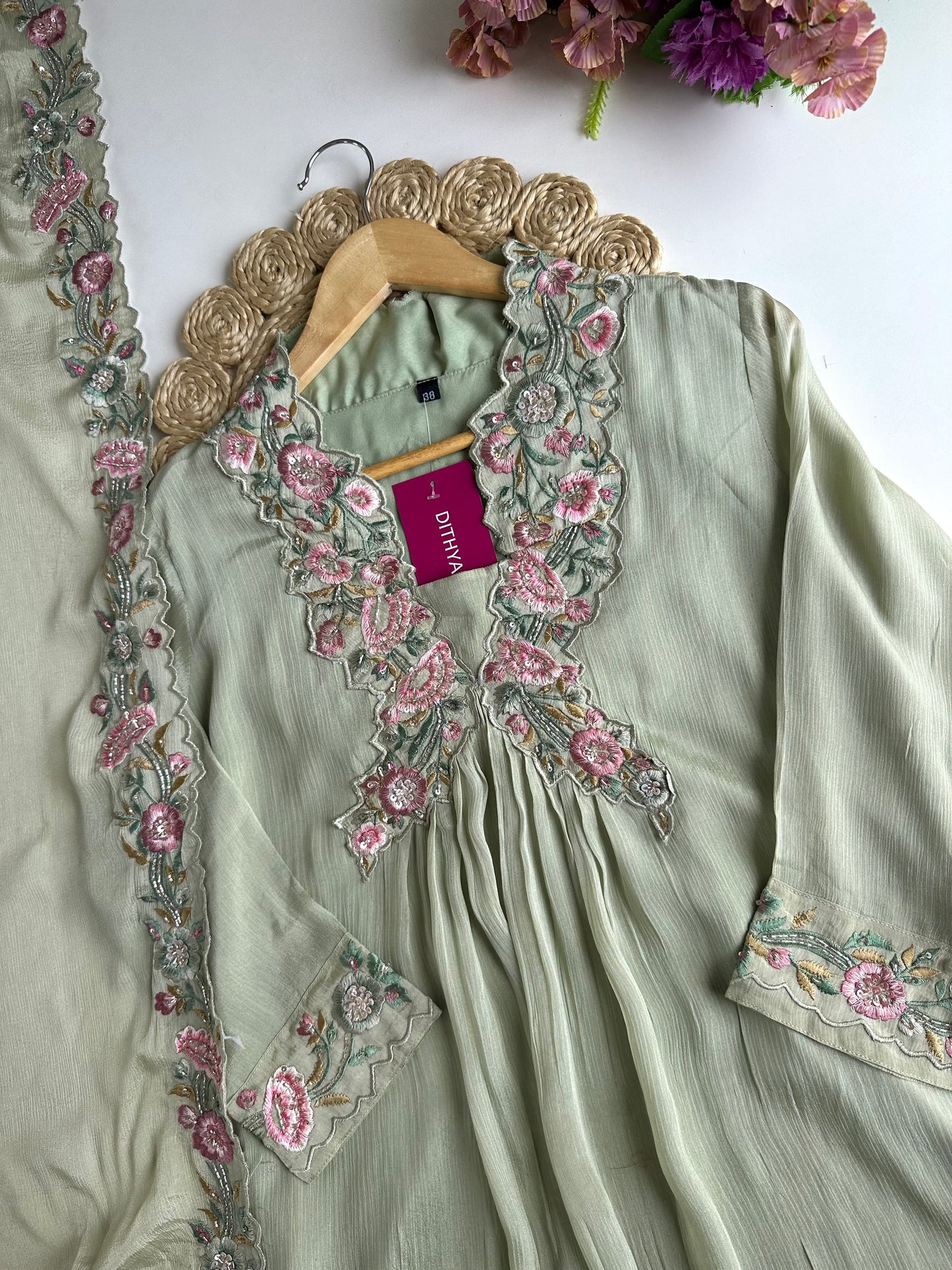 K177 - Chinnon Handwork Aline Kurti pant and dupatta