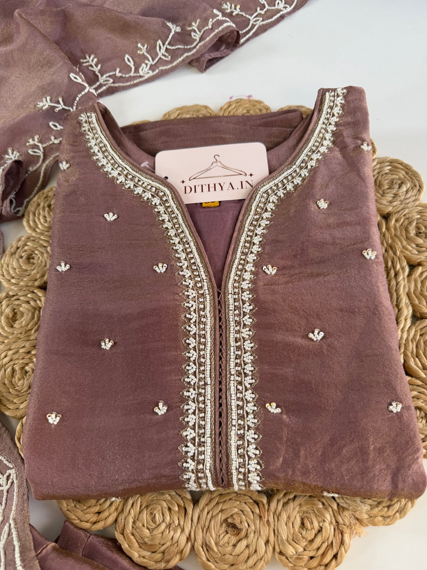 K602 - Tissue silk pearl work straight Kurti with pants and dupatta in 2 colours