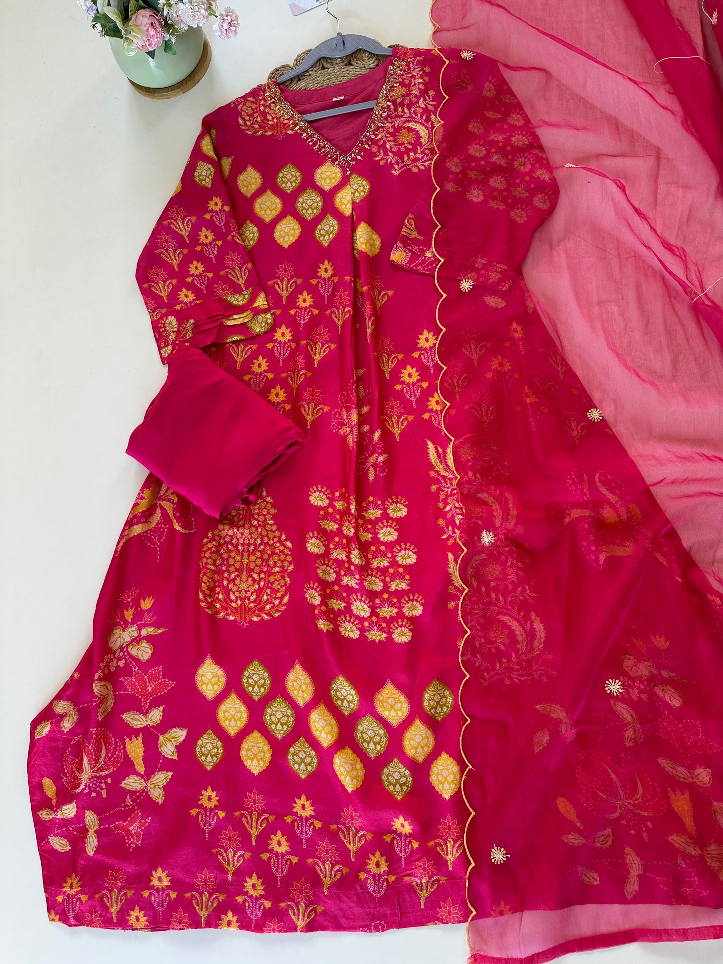 K332-Russian silk Aline Anarkali with pants and organza dupatta.