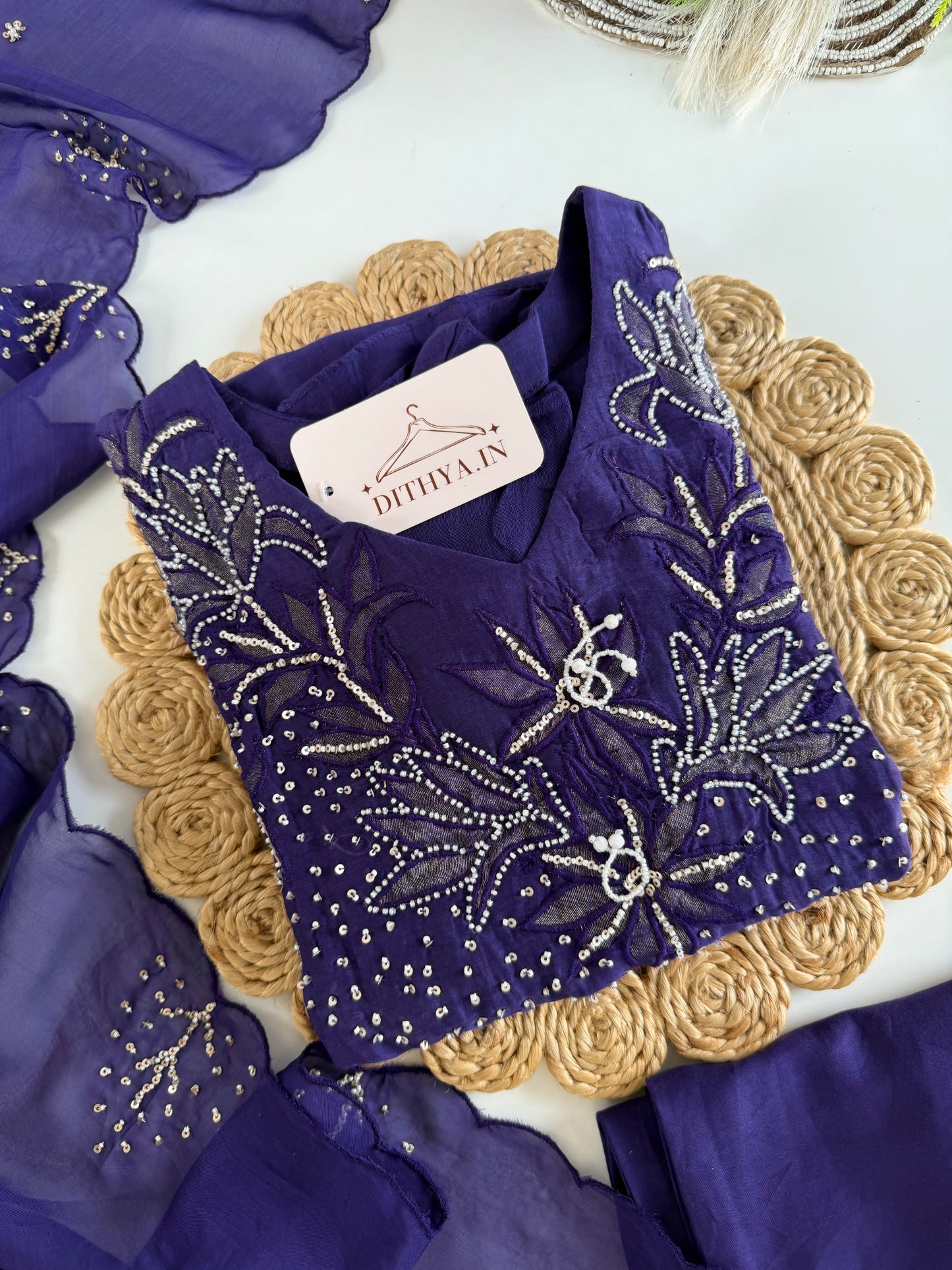 K612 - Mul chanderi handwork aline Kurti with pants and dupatta