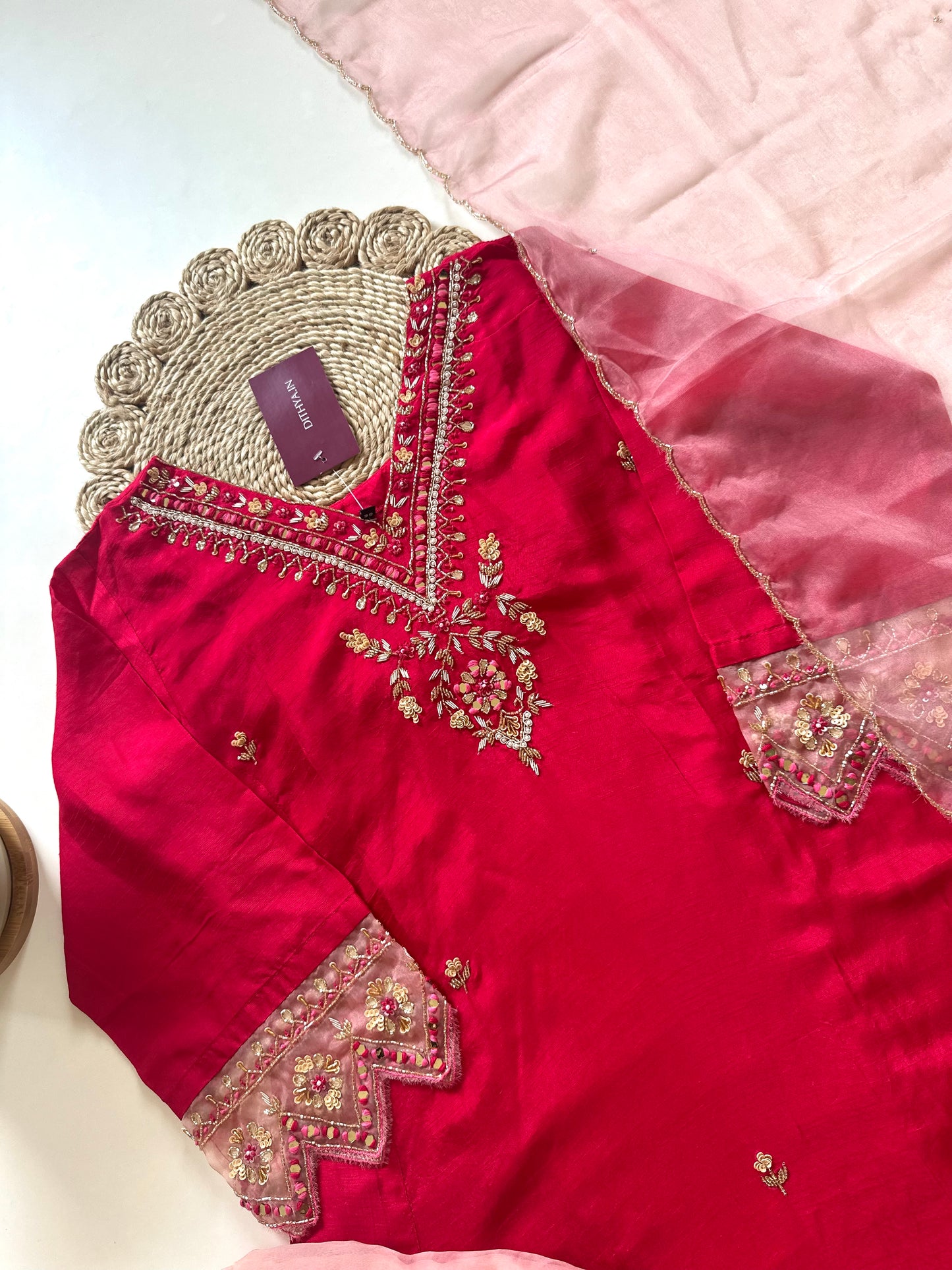 K189 - Handwork Russian silk Anarkali with pants and organza dupatta.