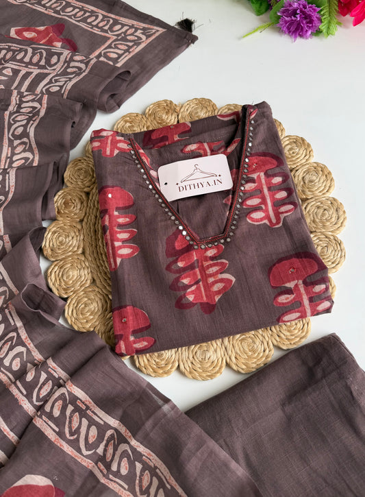 K054 - Mul cotton printed Aline Kurti with pants and dupatta