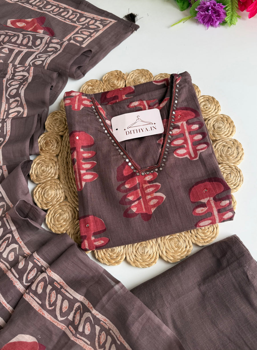 K054 - Mul cotton printed Aline Kurti with pants and dupatta