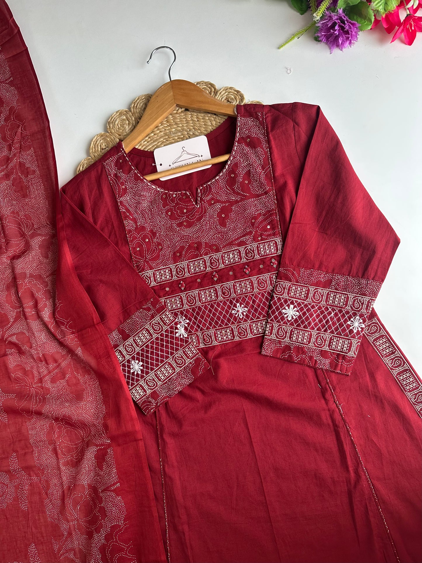 K669 - Mul cotton embroidered Aline Kurti with pants and dupatta