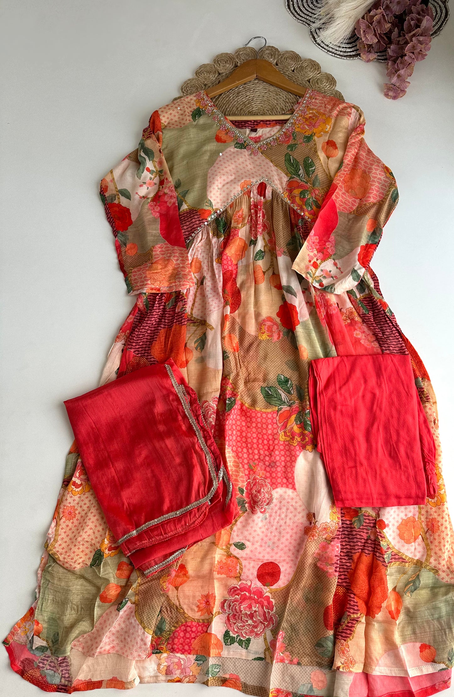 D152 - Chinnon Silk Alia cut Anarkali with pants and dupatta