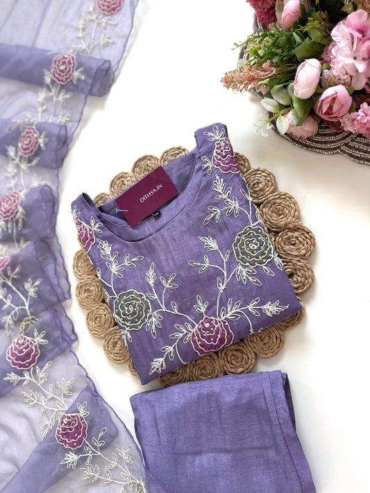 K077 - Russian silk Handwork Straight kurti with pants and dupatta