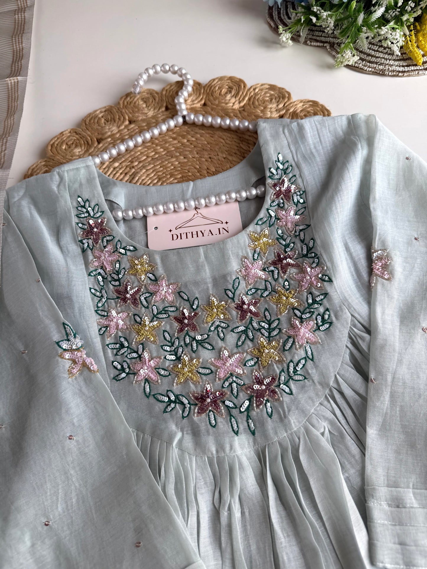 K485 - Mul chanderi handwork Anarkali with pants and dupatta