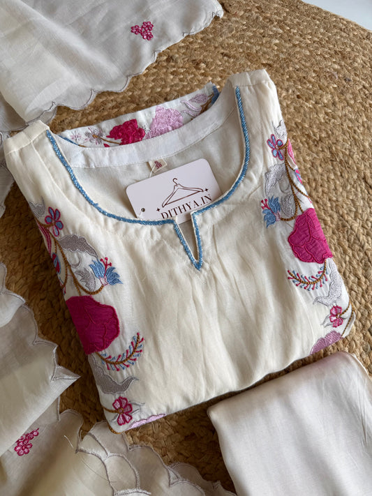 K177 - Mul chanderi appliqué work straight Kurti with pants and dupatta
