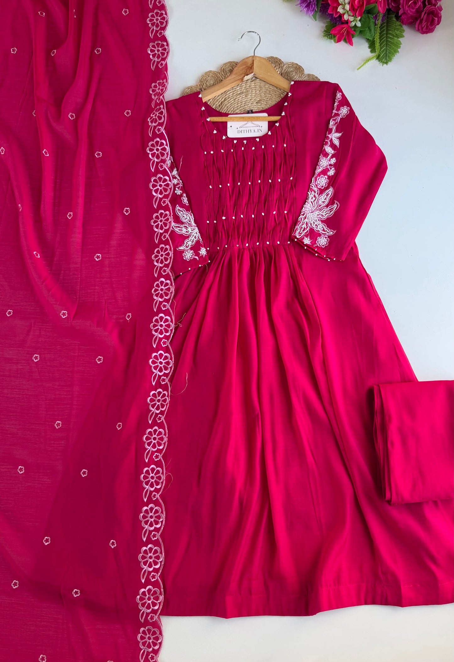 K040 - Surat Mul chanderi embroidered Anarkali with pants and dupatta in 2 colours