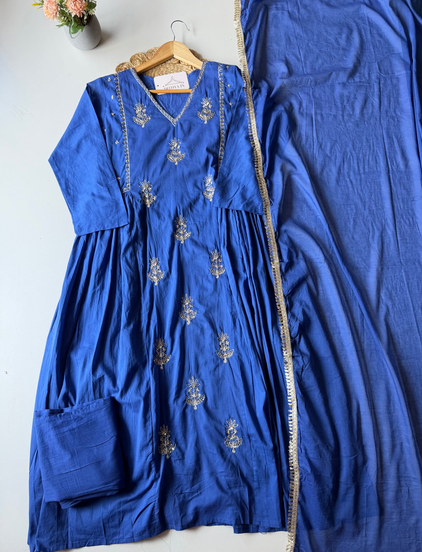 K619 - Mul chanderi handwork Anarkali with pants and dupatta