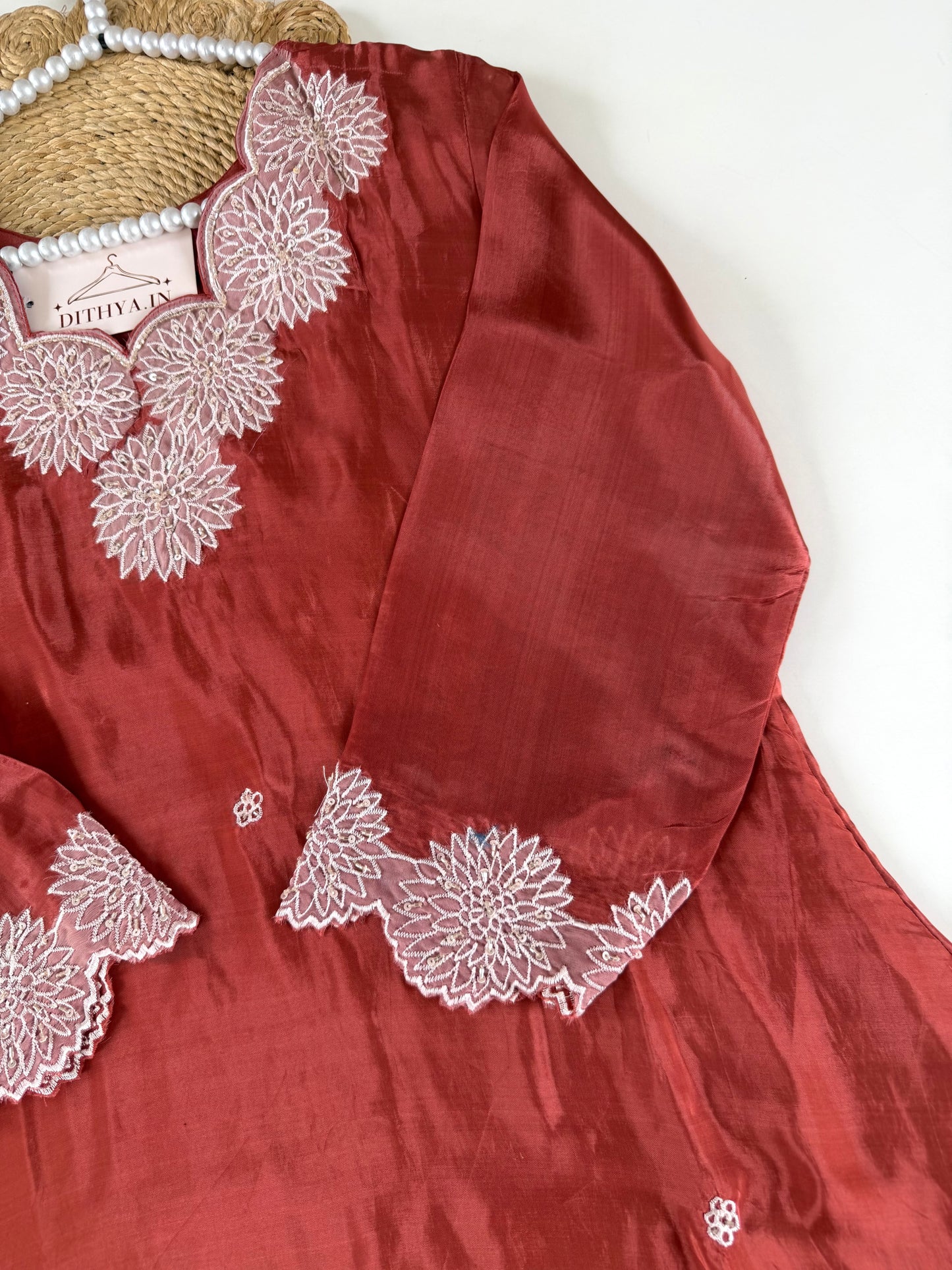 K467 - Pure Ho silk handwork aline Kurti with pants and dupatta
