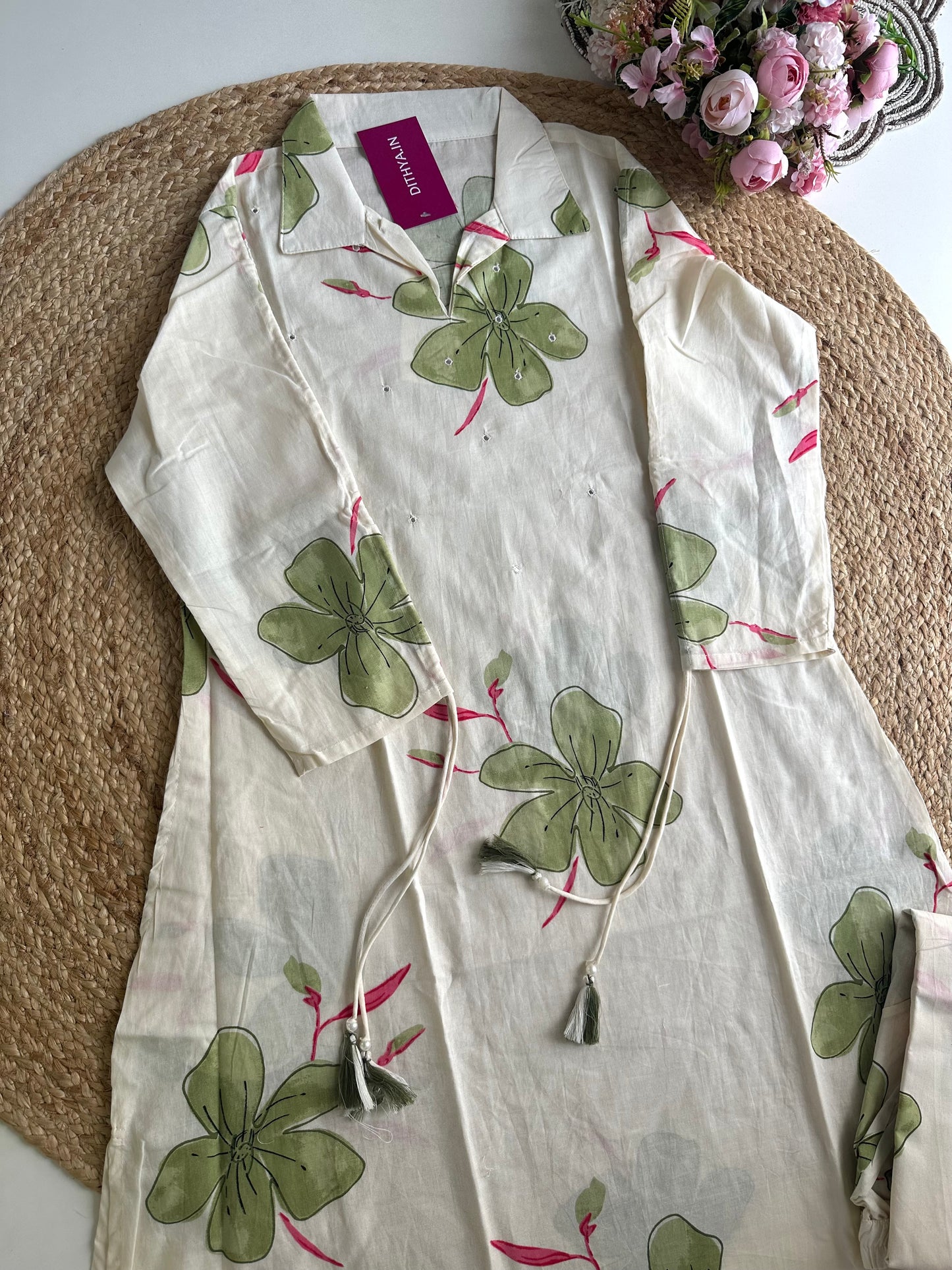 K441-Cotton Floral Aline Kurti with pants