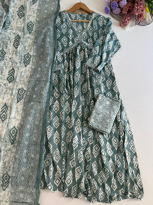 D353 - Mul cotton Alia cut Anarkali with pants and dupatta