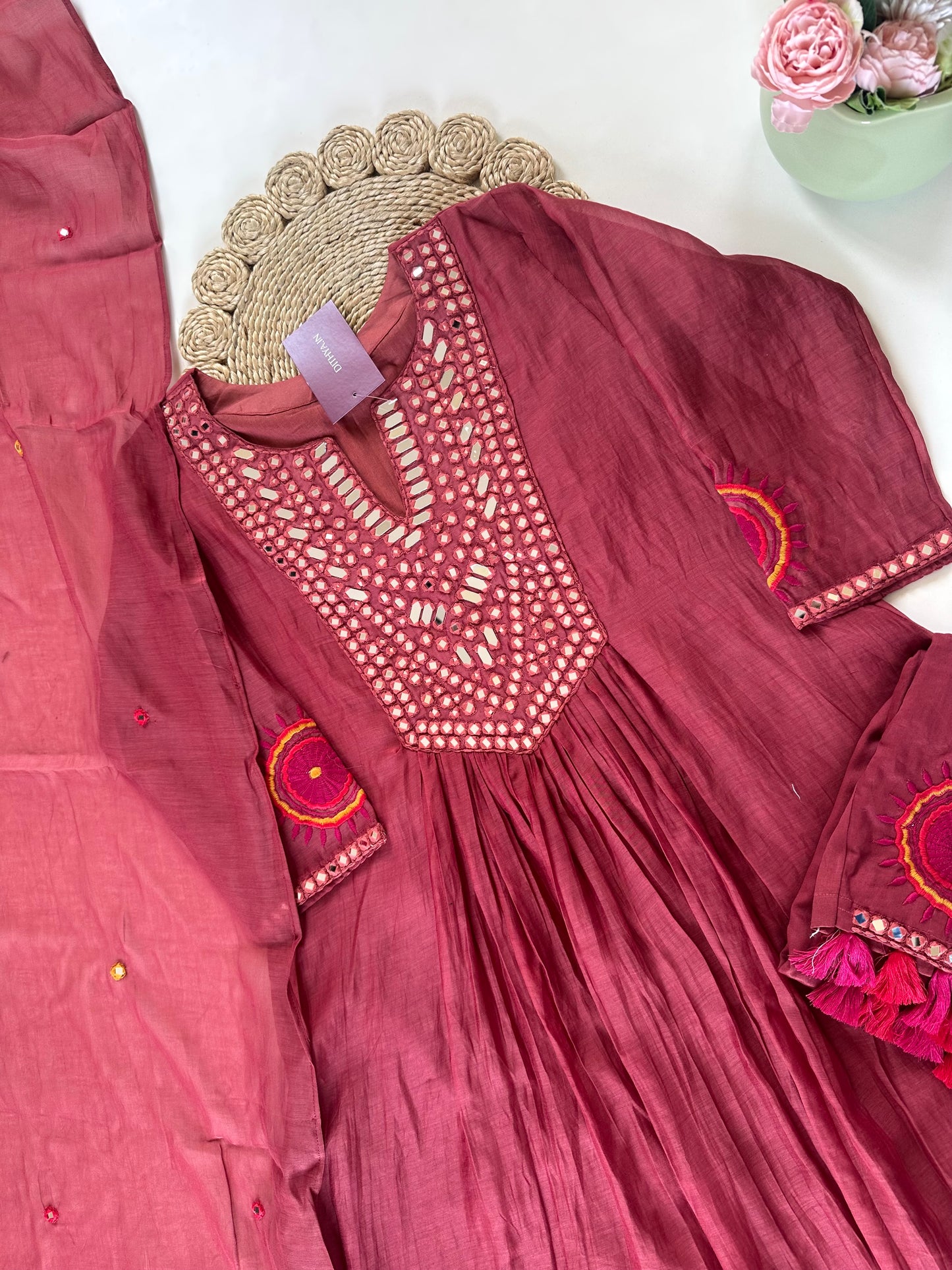 K208 - Mul Chanderi Mirror work Anarkali with pants and dupatta .