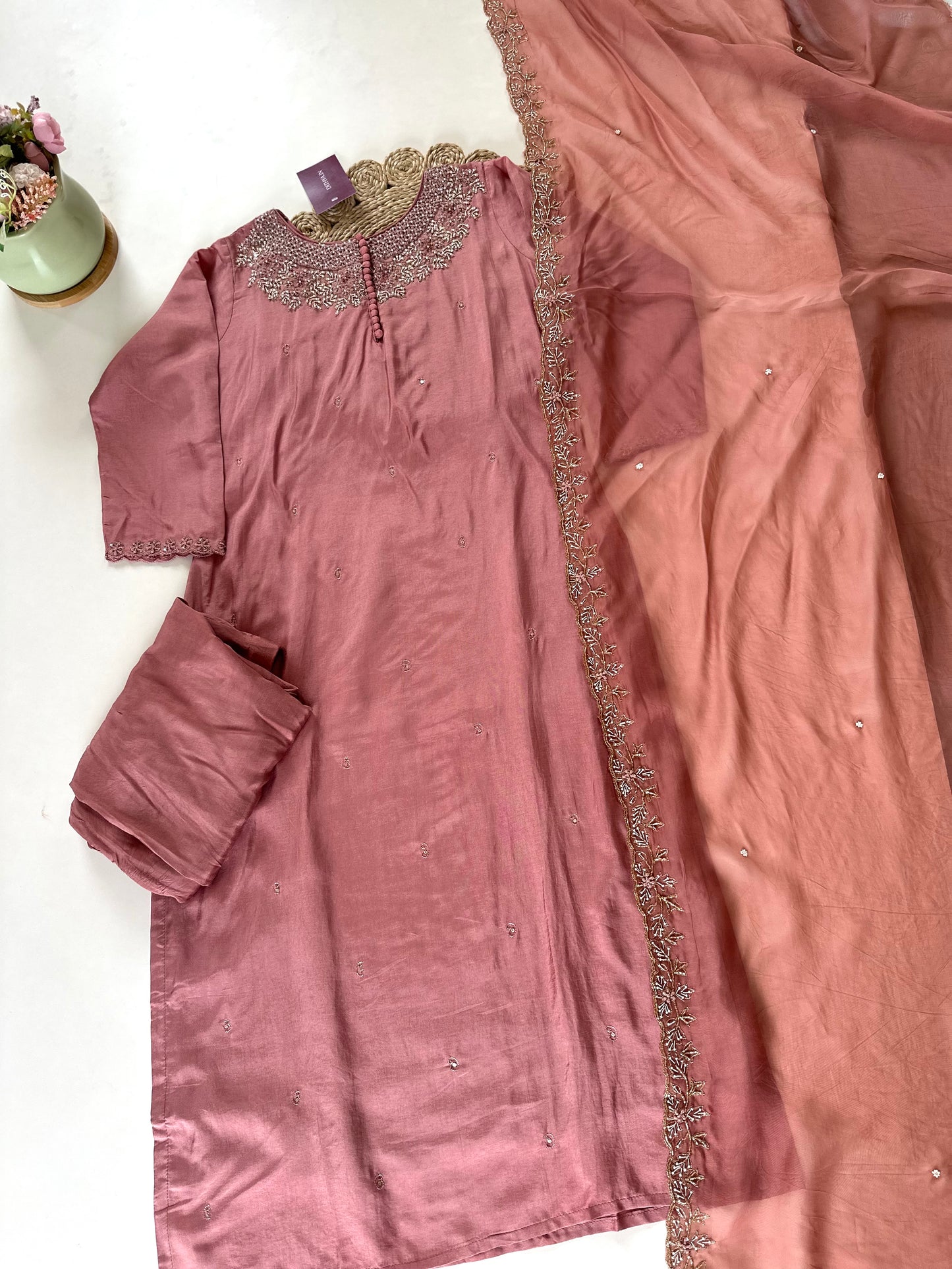 K180 - Muslin silk kurti with pants and dupatta in 4 colours .