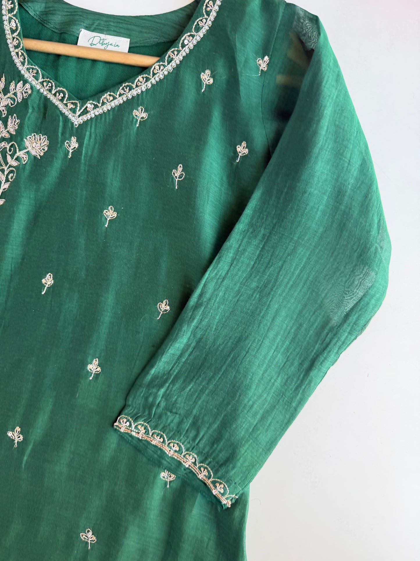 K691 - Banarasi Mul chanderi handwork Aline Kurti with pants and dupatta