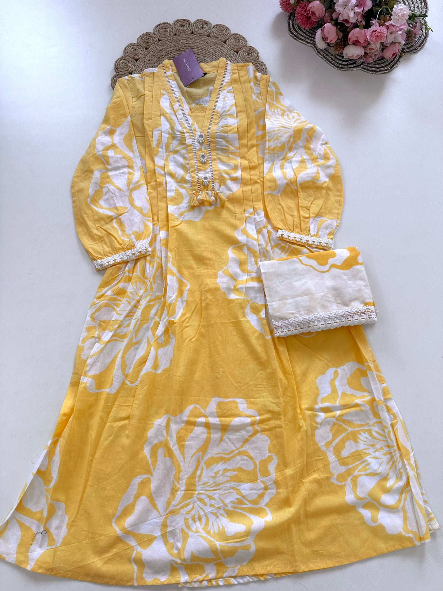 K252 - Cotton floral Aline Kurti with pants