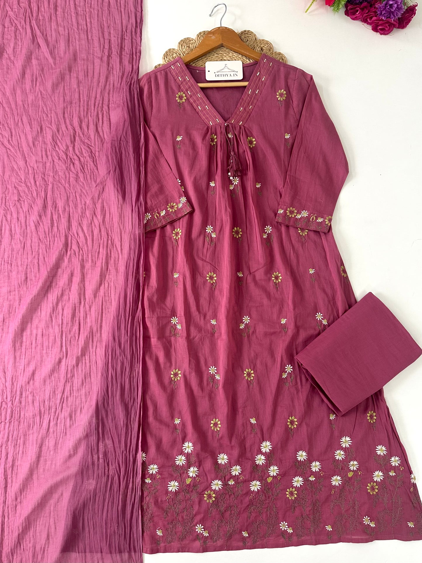 K395 - Mul cotton embroidered Aline Kurti with pants and dupatta in 3 colours