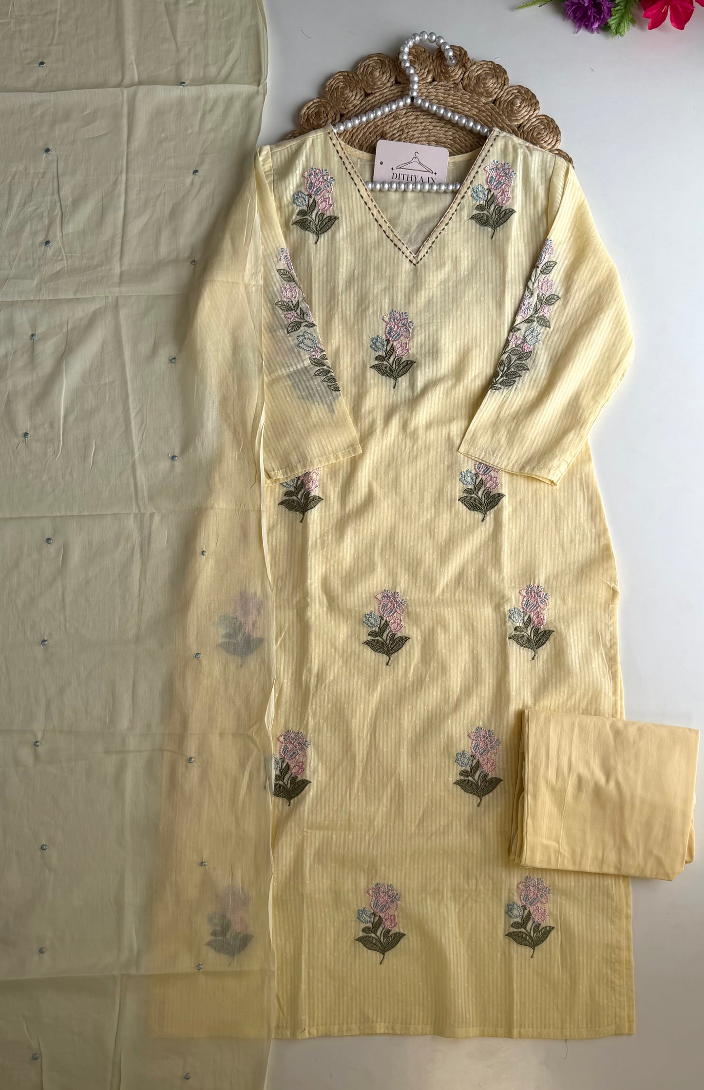 K678 - Mul cotton embroidered straight Kurti with pants and dupatta