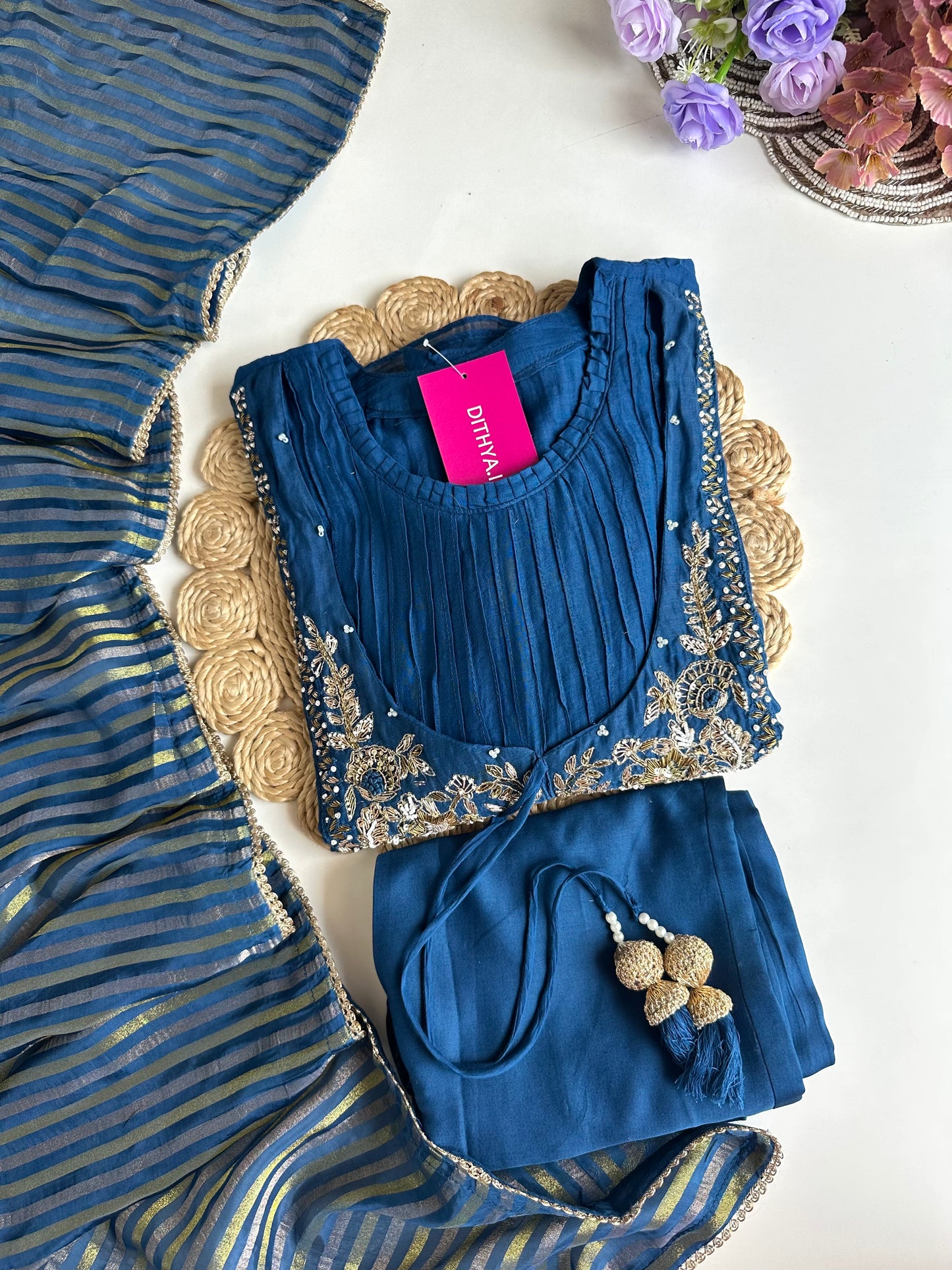 K102 - Mul Chanderi handwork Aline Kurti with pants and dupatta in 2 colours