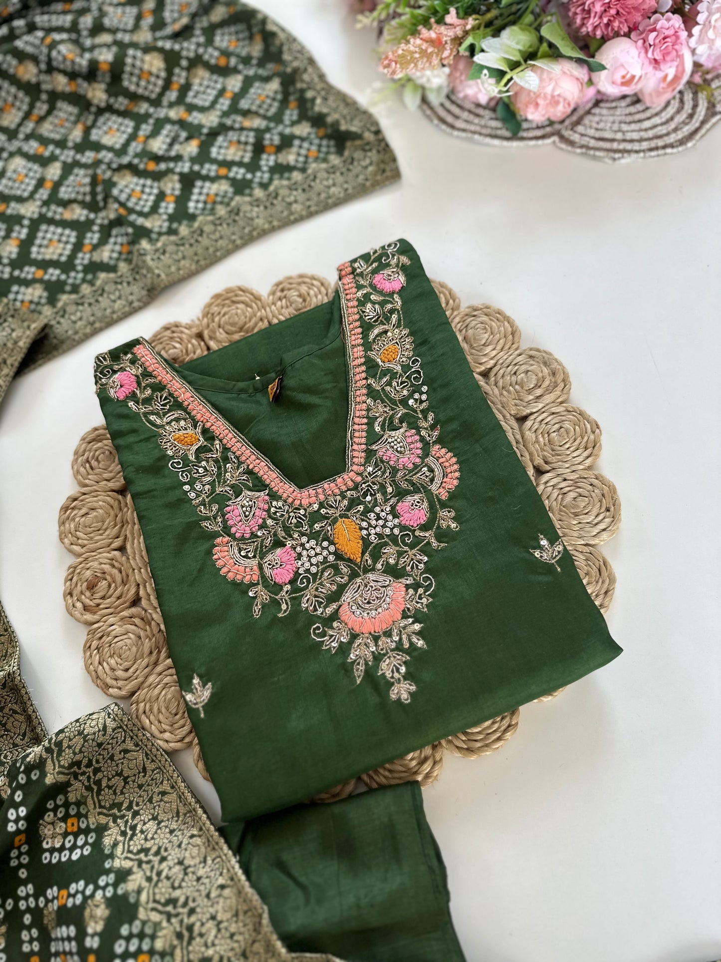 K171 - Russian silk handwork Straight kurti with pants and dupatta