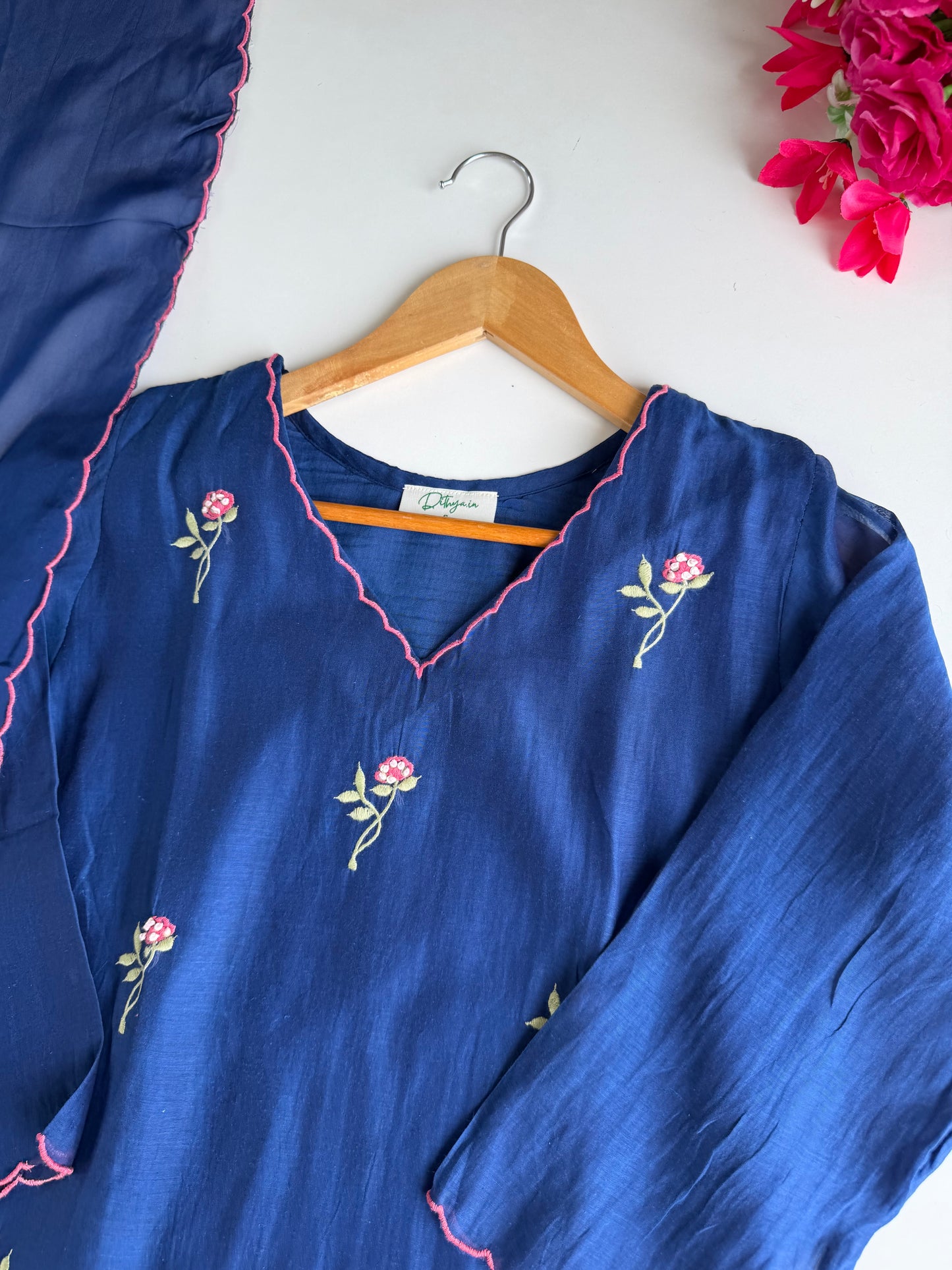 K087 - Mul chanderi embroidered Aline Kurti with pants and dupatta