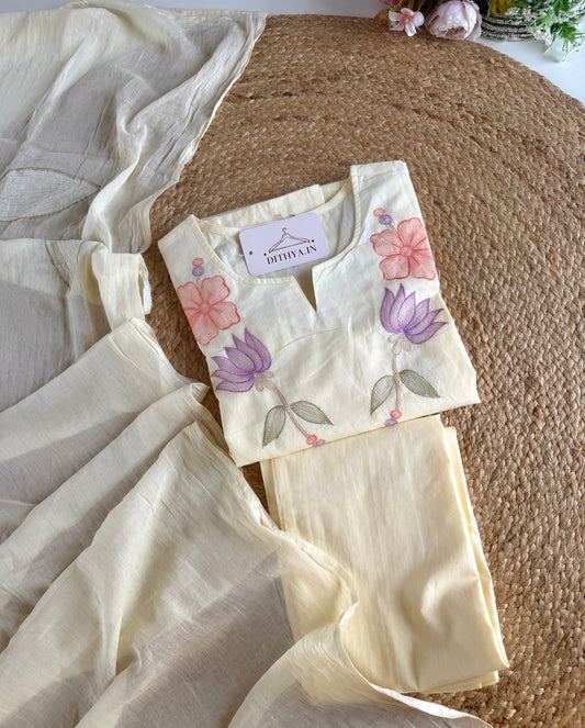 K345 - Pure Mul cotton embroidered straight Kurti with pants and dupatta