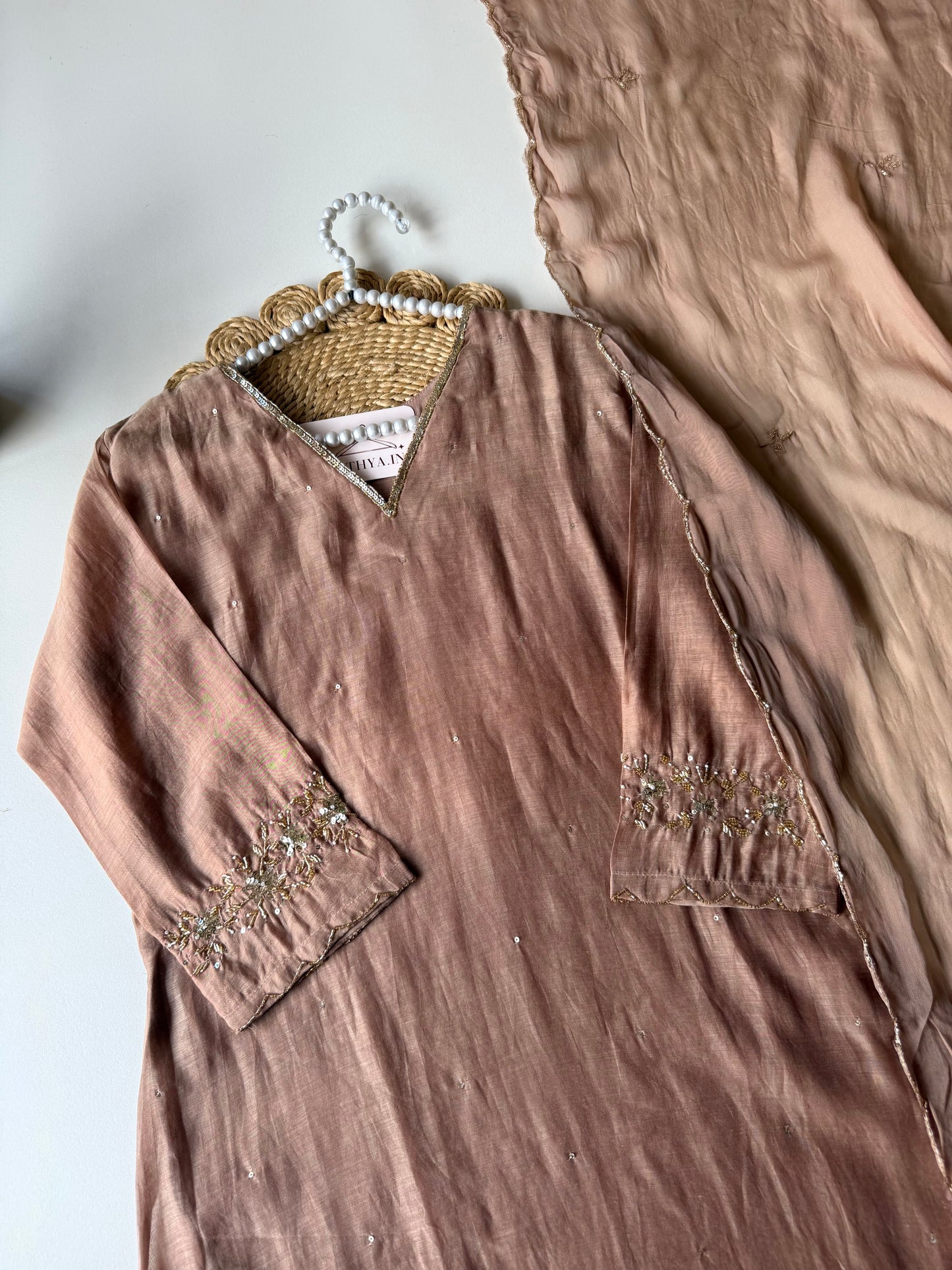 K593 - Mul chanderi handwork aline Kurti with pants and dupatta