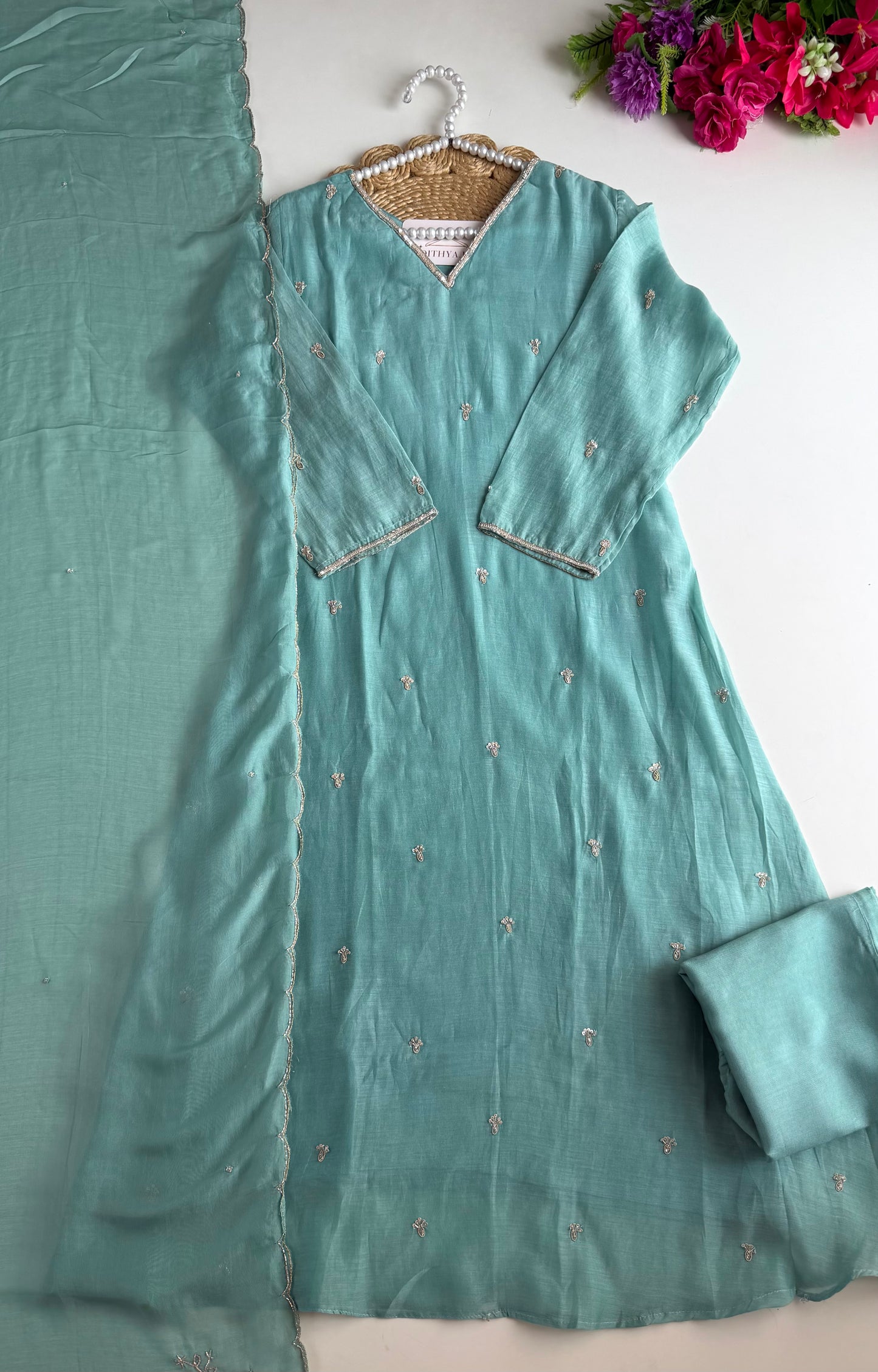 K132 - Mul chanderi handwork aline Kurti with pants and dupatta